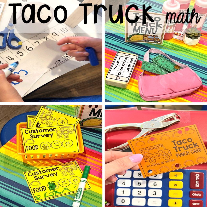 Taco truck math! Transform your dramatic play area into a taco truck for a fun fiesta! Students can order, make food, or be the cashier while they pretend and play with their peers.