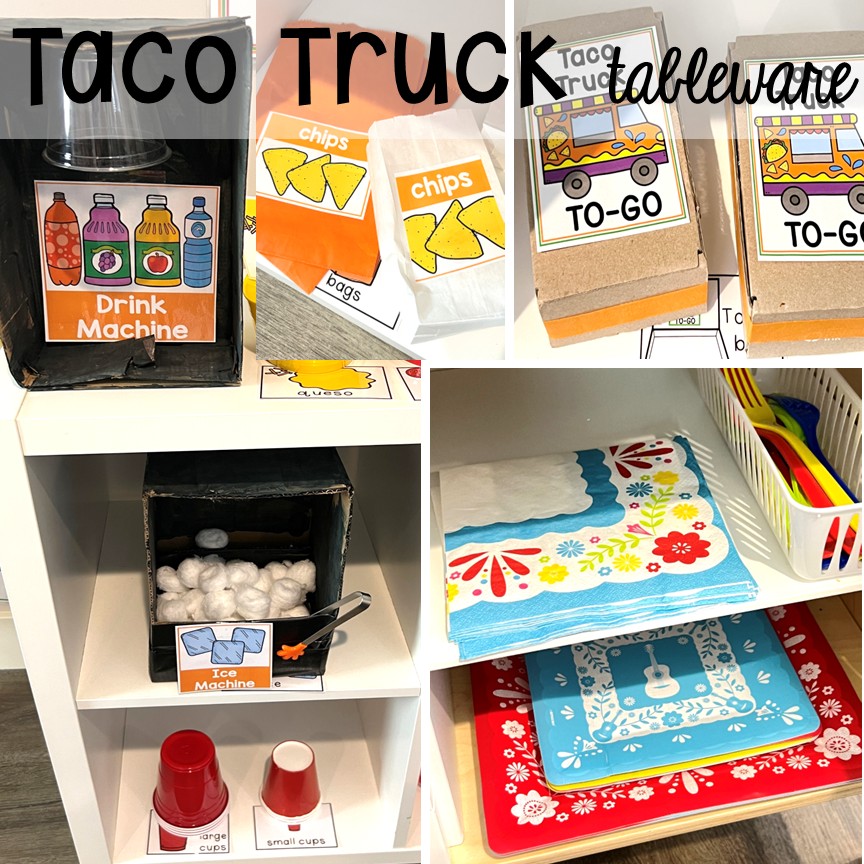 Taco truck tableware! Transform your dramatic play area into a taco truck for a fun fiesta! Students can order, make food, or be the cashier while they pretend and play with their peers.