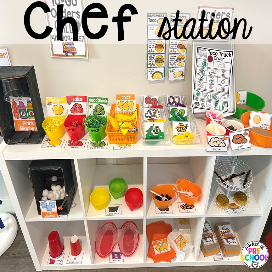 Chef Station! Transform your dramatic play area into a taco truck for a fun fiesta! Students can order, make food, or be the cashier while they pretend and play with their peers.