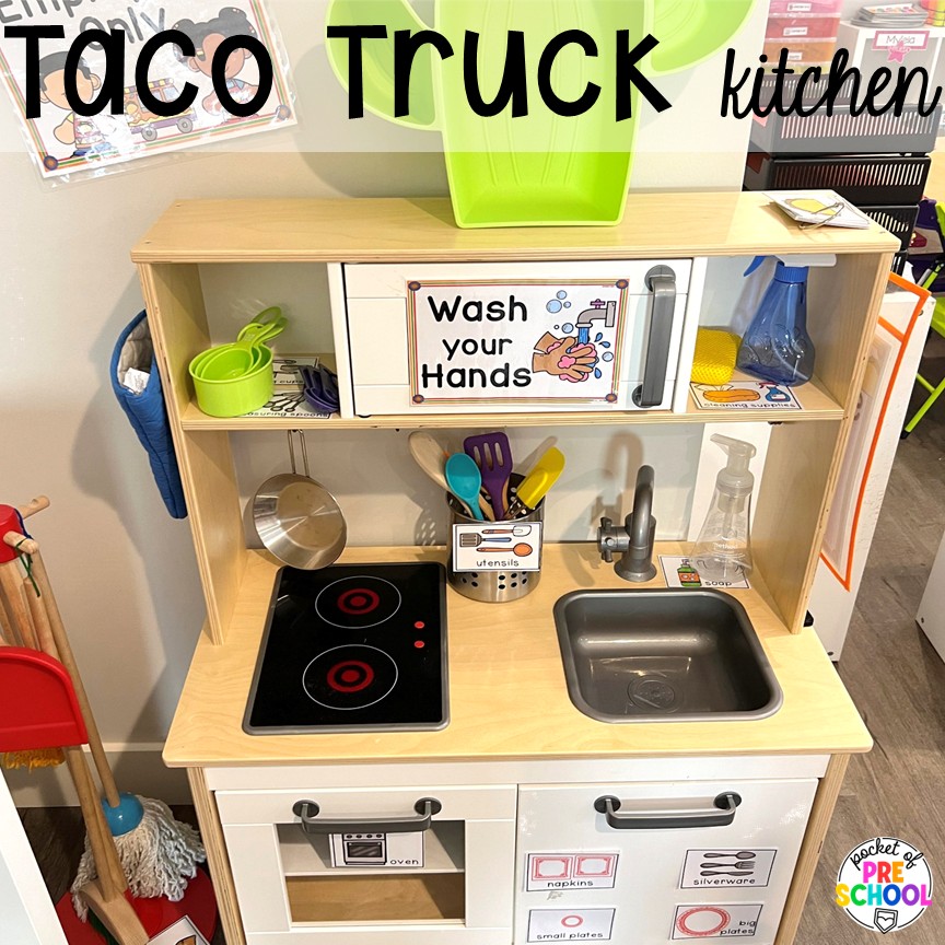 Taco truck kitchen! Transform your dramatic play area into a taco truck for a fun fiesta! Students can order, make food, or be the cashier while they pretend and play with their peers.