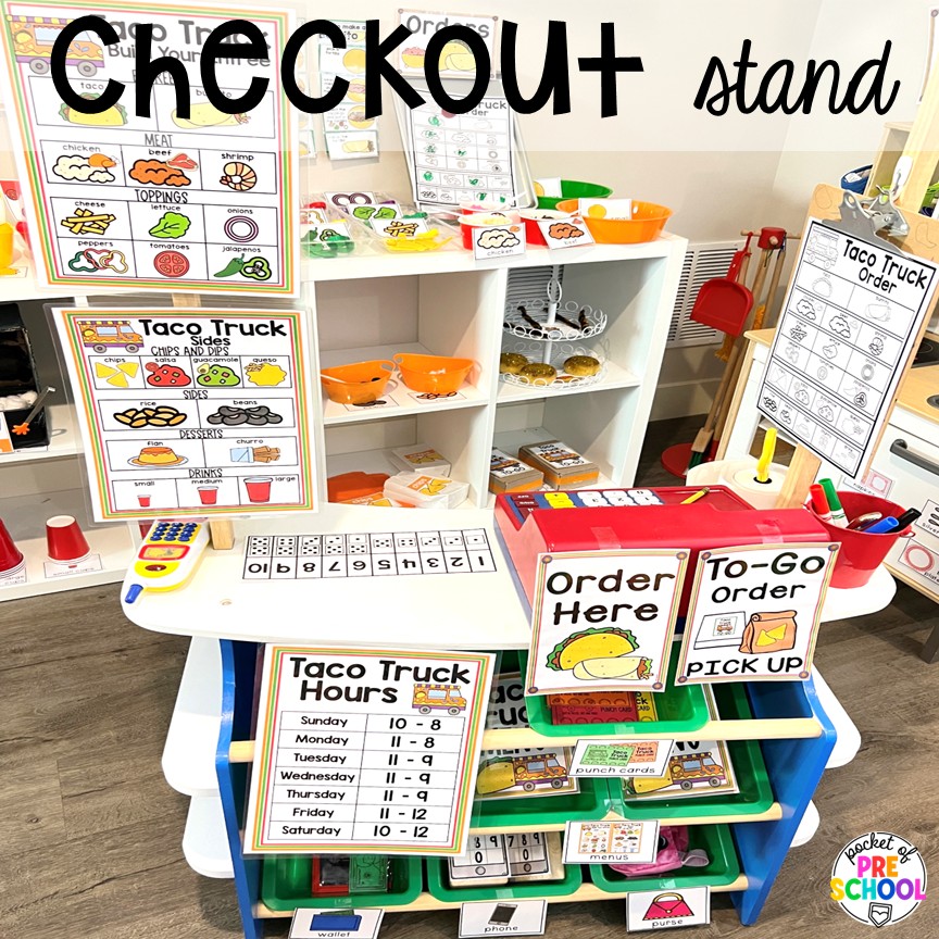Checkout stand! Transform your dramatic play area into a taco truck for a fun fiesta! Students can order, make food, or be the cashier while they pretend and play with their peers.