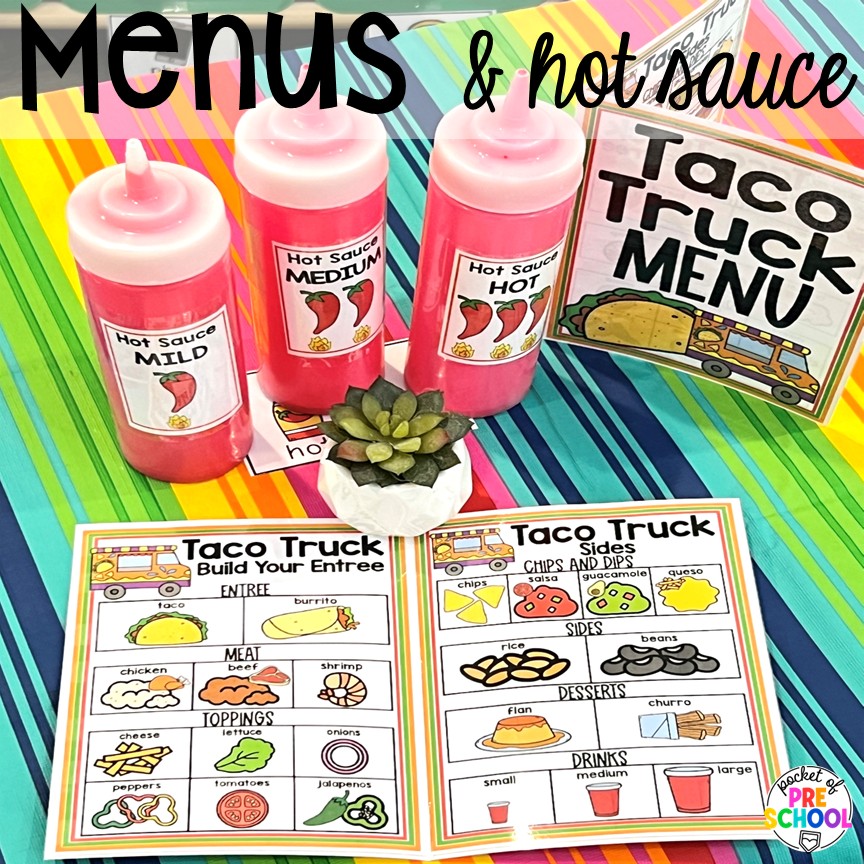 Menus & hot sauce! Transform your dramatic play area into a taco truck for a fun fiesta! Students can order, make food, or be the cashier while they pretend and play with their peers.