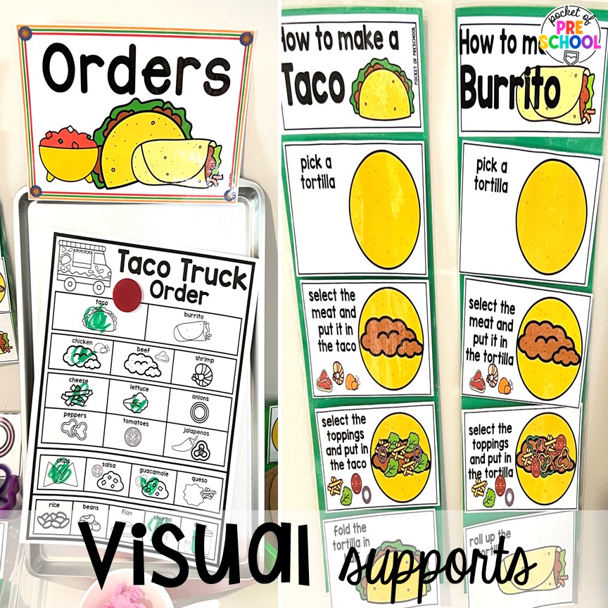Visual supports! Transform your dramatic play area into a taco truck for a fun fiesta! Students can order, make food, or be the cashier while they pretend and play with their peers.
