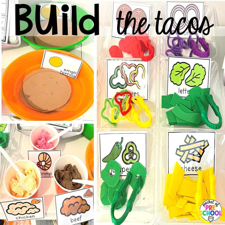 Build the tacos! Transform your dramatic play area into a taco truck for a fun fiesta! Students can order, make food, or be the cashier while they pretend and play with their peers.