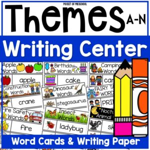 Make the writing center amazing with vocabulary cards and writing paper for each learning theme! It's super easy to switch out the word cards, writing paper, and a few supplies for each theme to keep your young writers engaged and excited about writing and drawing.