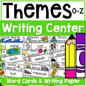 Make the writing center amazing with vocabulary cards and writing paper for each learning theme! It's super easy to switch out the word cards, writing paper, and a few supplies for each theme to keep your young writers engaged and excited about writing and drawing.