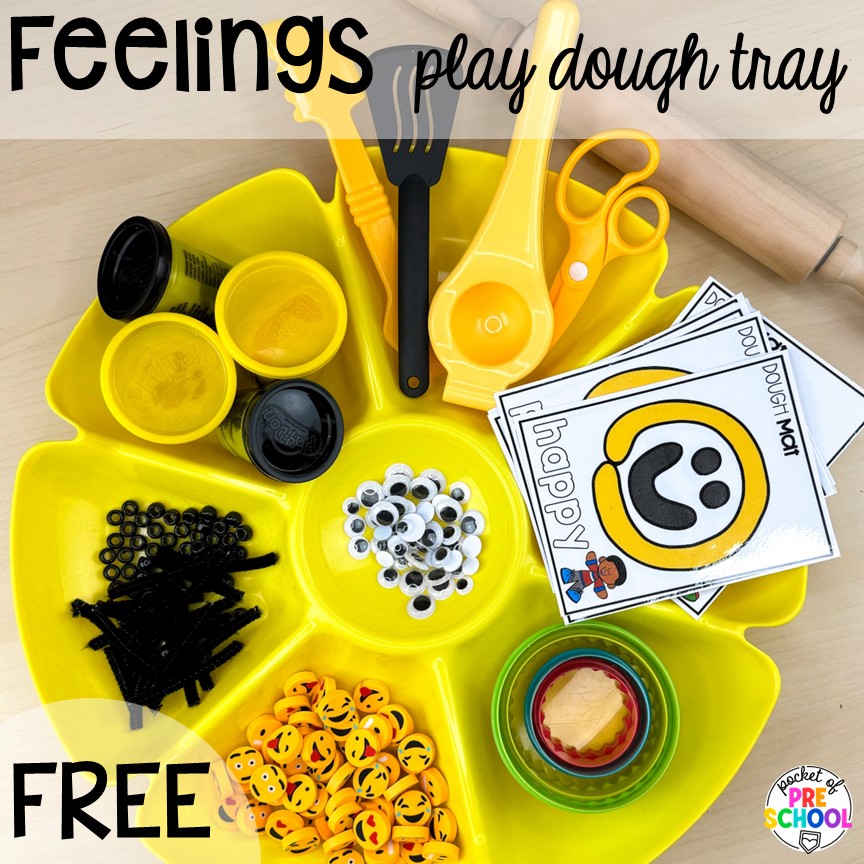 Feelings Activities & Centers for Preschool, Pre-K, & Kindergarten 9 Feelings play dough tray plus free emotions dough mats! Activities and centers for teaching feelings & emotions to preschool, pre-k, and kindergarten students. Ideas for teaching basic & complex emotions during circle time, large groups, and more!