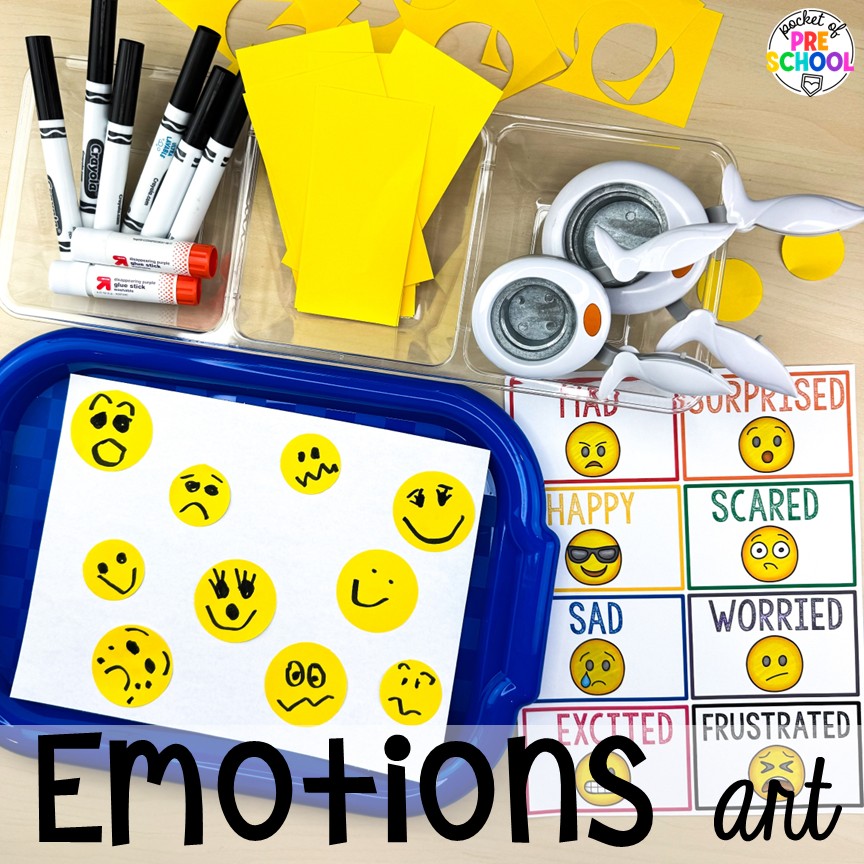Feelings Activities & Centers for Preschool, Pre-K, & Kindergarten 11 Emotions art! Activities and centers for teaching feelings & emotions to preschool, pre-k, and kindergarten students. Ideas for teaching basic & complex emotions during circle time, large groups, and more!