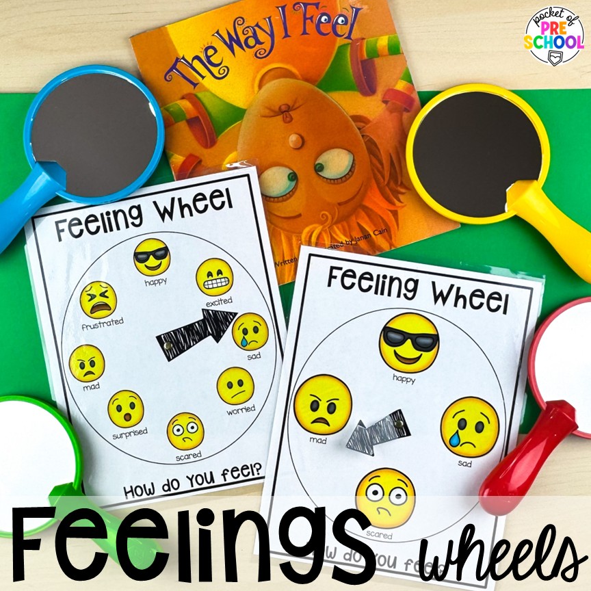 Feelings Activities & Centers for Preschool, Pre-K, & Kindergarten 14 Feelings wheels! Activities and centers for teaching feelings & emotions to preschool, pre-k, and kindergarten students. Ideas for teaching basic & complex emotions during circle time, large groups, and more!
