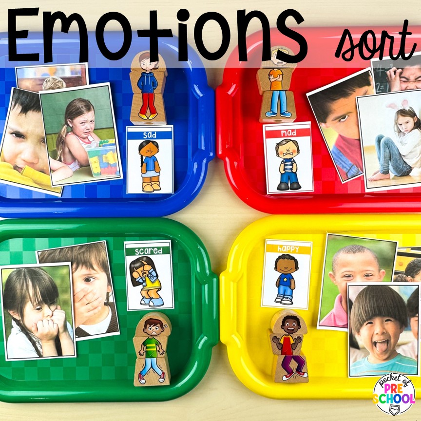 Feelings Activities & Centers for Preschool, Pre-K, & Kindergarten 18 Emotions sort! Activities and centers for teaching feelings & emotions to preschool, pre-k, and kindergarten students. Ideas for teaching basic & complex emotions during circle time, large groups, and more!