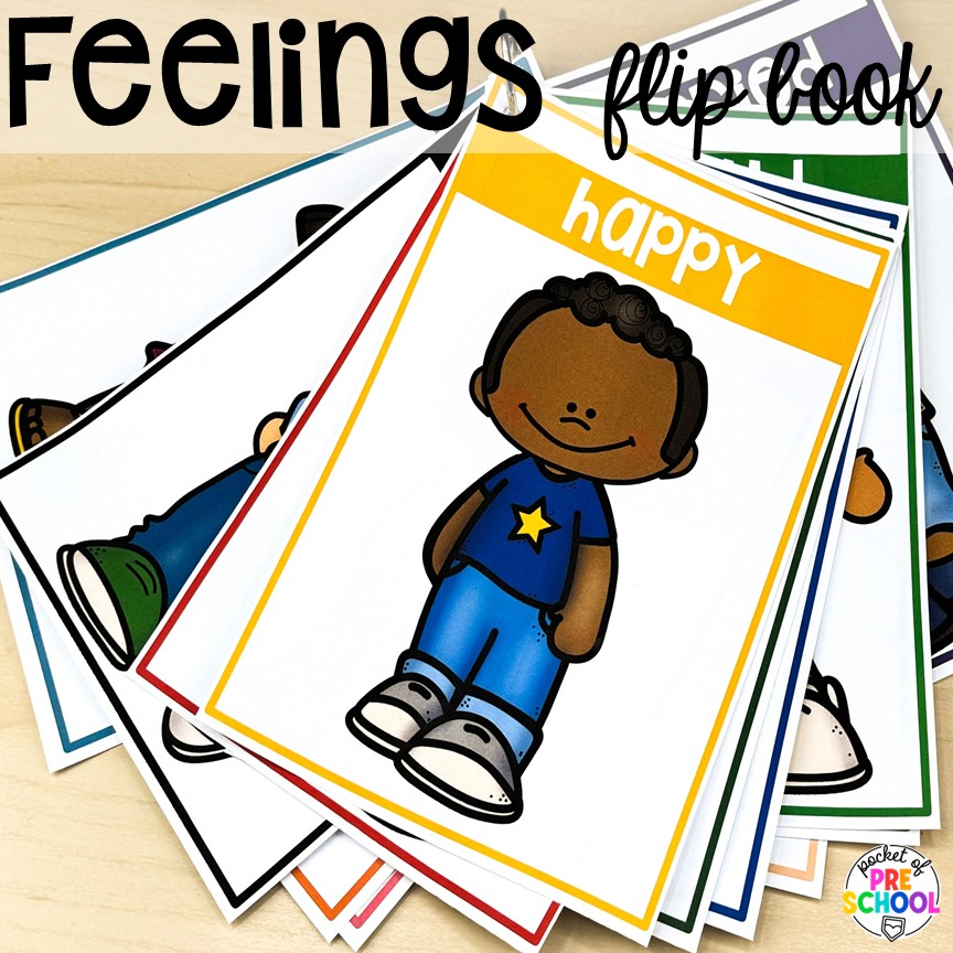Feelings Activities & Centers for Preschool, Pre-K, & Kindergarten 19 Feelings flip book! Activities and centers for teaching feelings & emotions to preschool, pre-k, and kindergarten students. Ideas for teaching basic & complex emotions during circle time, large groups, and more!