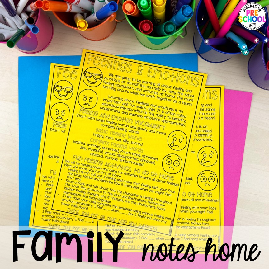 Feelings Activities & Centers for Preschool, Pre-K, & Kindergarten 2 Family notes home! Activities and centers for teaching feelings & emotions to preschool, pre-k, and kindergarten students. Ideas for teaching basic & complex emotions during circle time, large groups, and more!