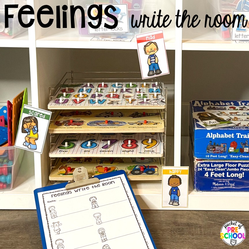Feelings Activities & Centers for Preschool, Pre-K, & Kindergarten 8 Feelings write the room! Activities and centers for teaching feelings & emotions to preschool, pre-k, and kindergarten students. Ideas for teaching basic & complex emotions during circle time, large groups, and more!