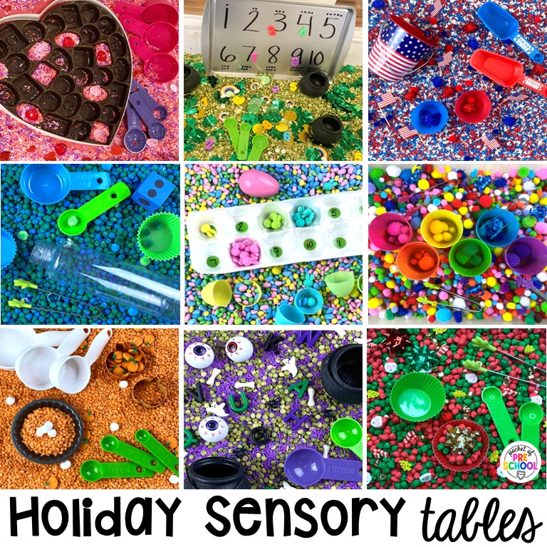 Holiday sensory tables for every holiday with various sensory fillers and sensory tools that incorporate math, literacy, and science into play. #sensorytable #sensorybin #sensoryplay #preschool #prek