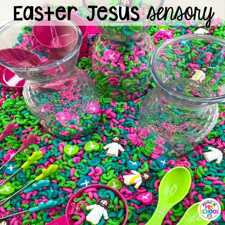 20+ Holiday Sensory Tables for Preschool, Pre-K, and Kindergarten 17 Easter Jesus Sensory! Holiday sensory tables for every holiday with various sensory fillers and sensory tools that incorporate math, literacy, and science into play. #sensorytable #sensorybin #sensoryplay #preschool #prek