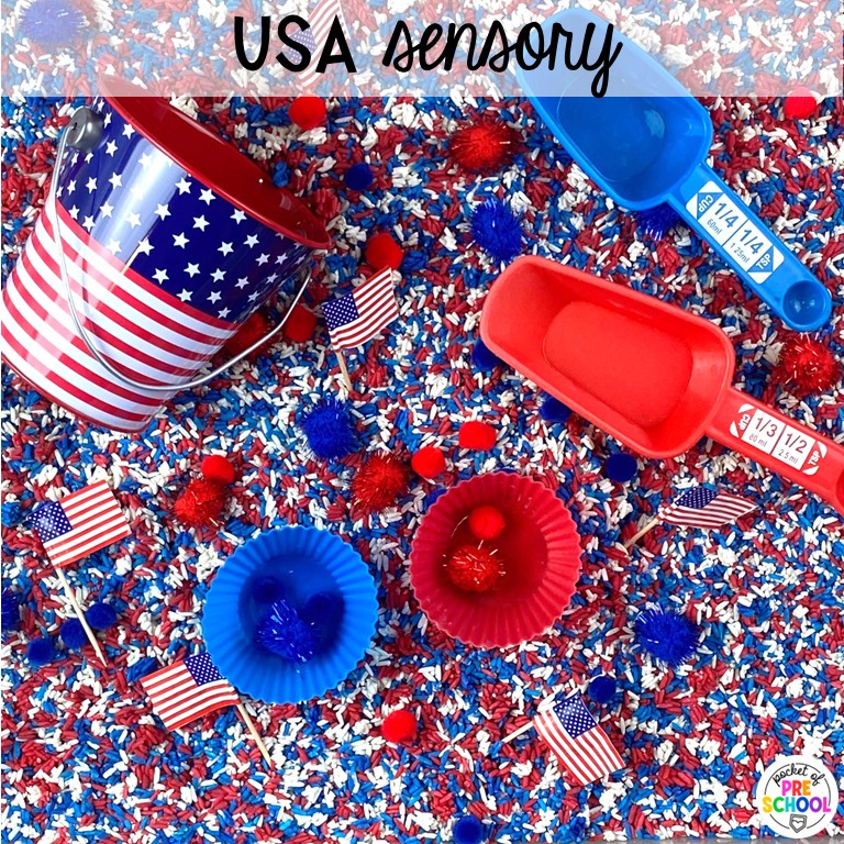 20+ Holiday Sensory Tables for Preschool, Pre-K, and Kindergarten 18 USA Sensory! Holiday sensory tables for every holiday with various sensory fillers and sensory tools that incorporate math, literacy, and science into play. #sensorytable #sensorybin #sensoryplay #preschool #prek