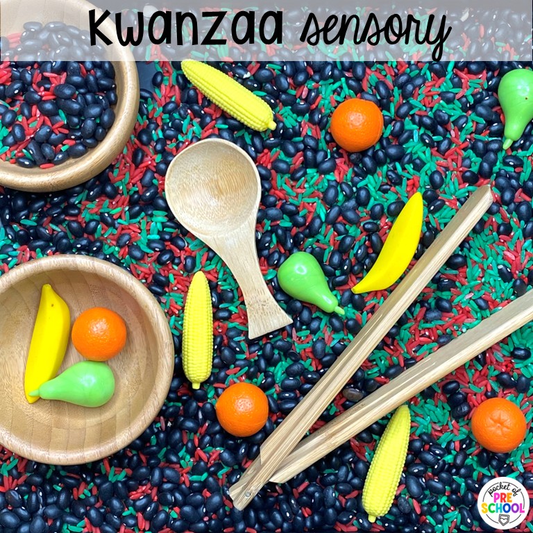 20+ Holiday Sensory Tables for Preschool, Pre-K, and Kindergarten 26 Kwanzaa Sensory! Holiday sensory tables for every holiday with various sensory fillers and sensory tools that incorporate math, literacy, and science into play. #sensorytable #sensorybin #sensoryplay #preschool #prek