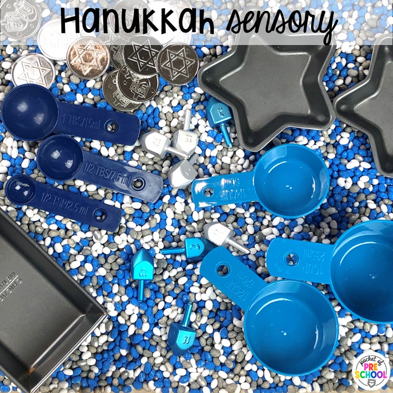 20+ Holiday Sensory Tables for Preschool, Pre-K, and Kindergarten 27 Hanukkah Sensory! Holiday sensory tables for every holiday with various sensory fillers and sensory tools that incorporate math, literacy, and science into play. #sensorytable #sensorybin #sensoryplay #preschool #prek