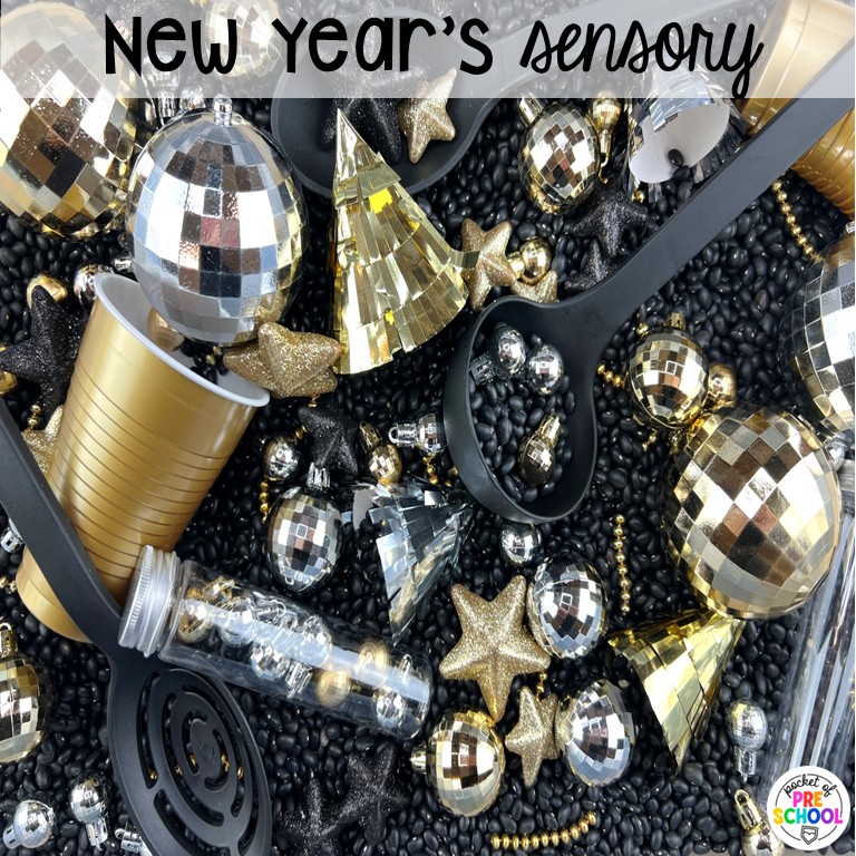 20+ Holiday Sensory Tables for Preschool, Pre-K, and Kindergarten 5 New Year's Sensory! Holiday sensory tables for every holiday with various sensory fillers and sensory tools that incorporate math, literacy, and science into play. #sensorytable #sensorybin #sensoryplay #preschool #prek