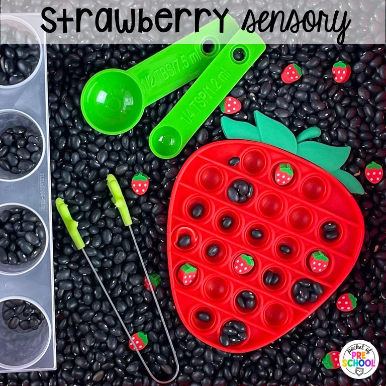 90 Sensory Table Ideas for the Year 17 Strawberry sensory! Sensory table ideas for the whole year! There are ideas for so many popular early childhood themes, food & nonfood filler ideas, and lots of props and treasures to use with preschool, pre-k, and kindergarten students!