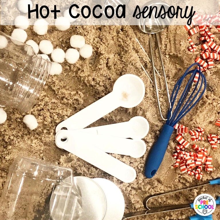 90 Sensory Table Ideas for the Year 19 Hot cocoa sensory! Sensory table ideas for the whole year! There are ideas for so many popular early childhood themes, food & nonfood filler ideas, and lots of props and treasures to use with preschool, pre-k, and kindergarten students!