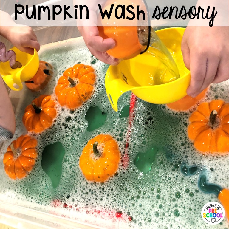 90 Sensory Table Ideas for the Year 29 Pumpkin wash sensory! Sensory table ideas for the whole year! There are ideas for so many popular early childhood themes, food & nonfood filler ideas, and lots of props and treasures to use with preschool, pre-k, and kindergarten students!