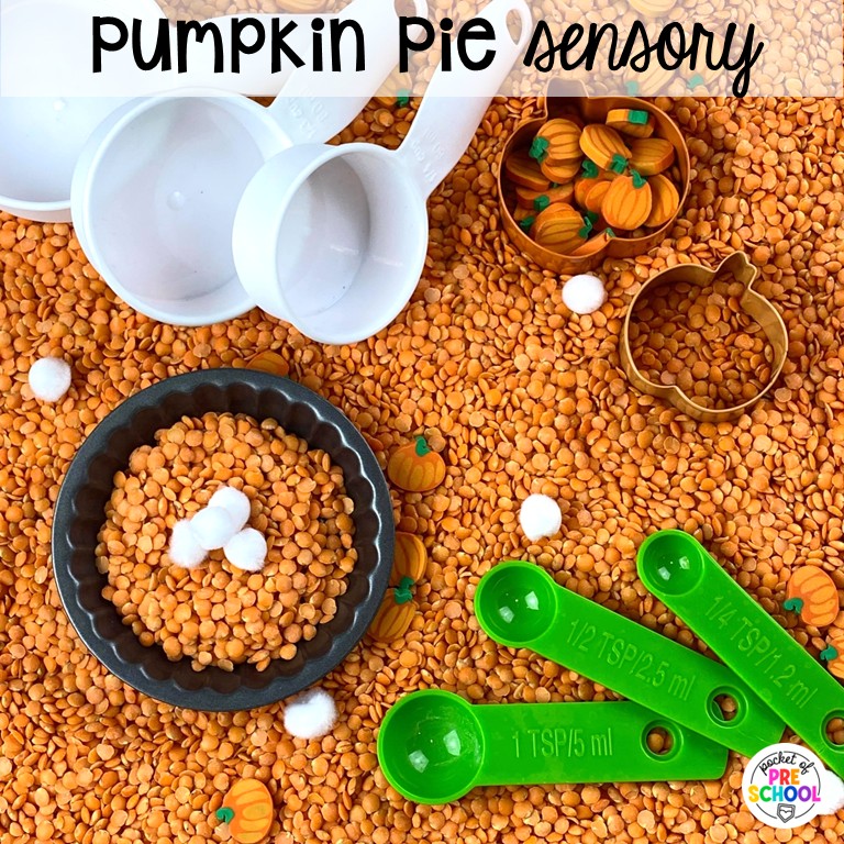 90 Sensory Table Ideas for the Year 33 Pumpkin pie sensory! Sensory table ideas for the whole year! There are ideas for so many popular early childhood themes, food & nonfood filler ideas, and lots of props and treasures to use with preschool, pre-k, and kindergarten students!