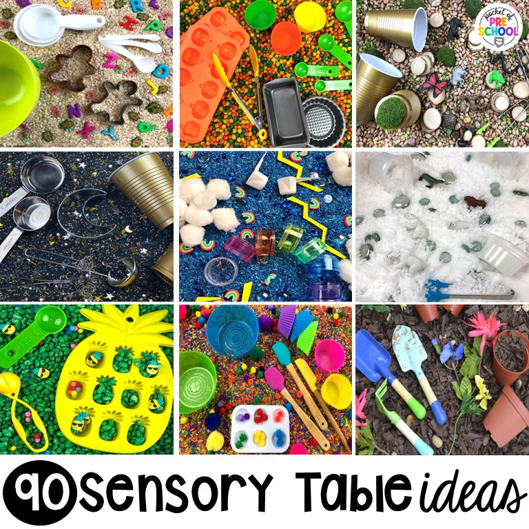 90 Sensory Table Ideas for the Year 3 Sensory table ideas for the whole year! There are ideas for so many popular early childhood themes, food & nonfood filler ideas, and lots of props and treasures to use with preschool, pre-k, and kindergarten students!