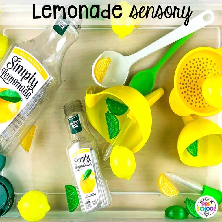 90 Sensory Table Ideas for the Year 18 Lemonade sensory! Sensory table ideas for the whole year! There are ideas for so many popular early childhood themes, food & nonfood filler ideas, and lots of props and treasures to use with preschool, pre-k, and kindergarten students!