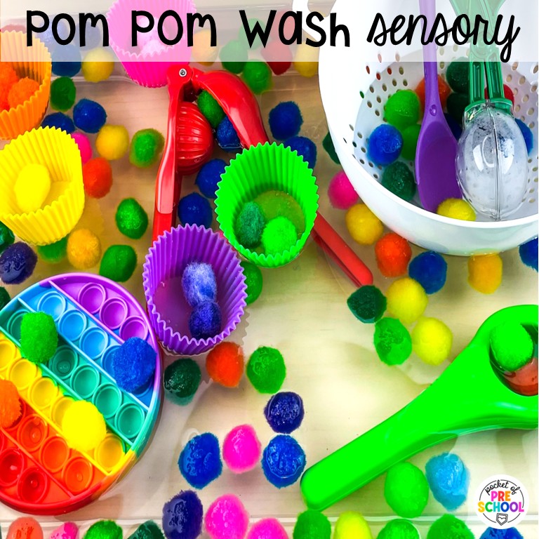 90 Sensory Table Ideas for the Year 22 Pom pom wash sensory! Sensory table ideas for the whole year! There are ideas for so many popular early childhood themes, food & nonfood filler ideas, and lots of props and treasures to use with preschool, pre-k, and kindergarten students!