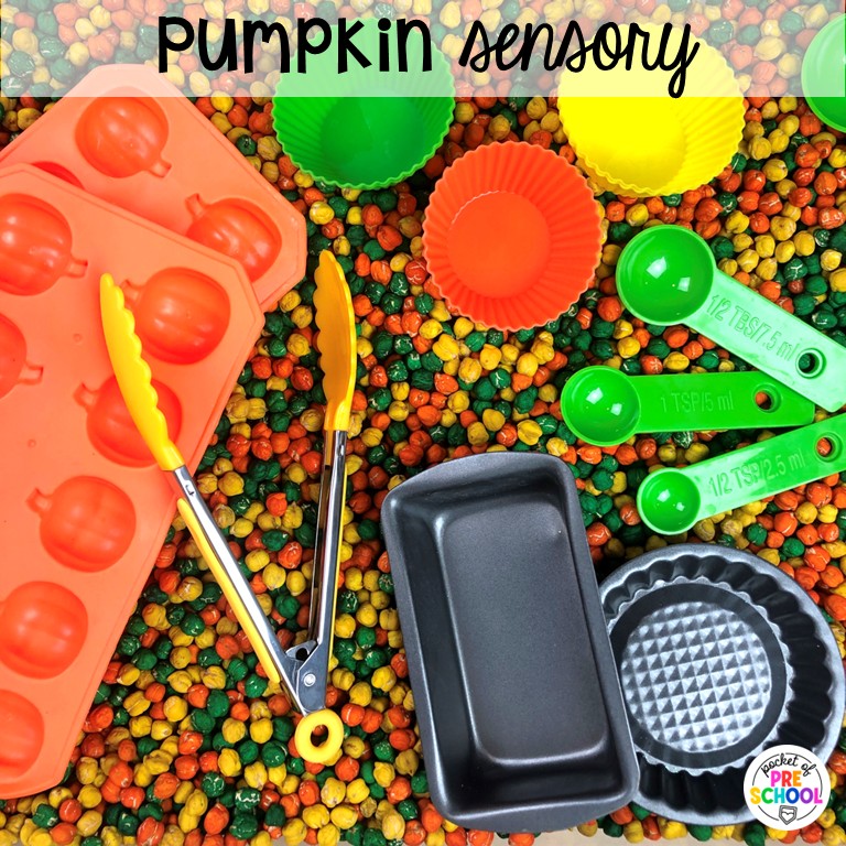 90 Sensory Table Ideas for the Year 30 Pumpkin sensory! Sensory table ideas for the whole year! There are ideas for so many popular early childhood themes, food & nonfood filler ideas, and lots of props and treasures to use with preschool, pre-k, and kindergarten students!