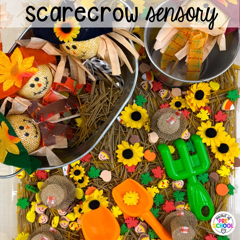 90 Sensory Table Ideas for the Year 31 Scarecrow sensory! Sensory table ideas for the whole year! There are ideas for so many popular early childhood themes, food & nonfood filler ideas, and lots of props and treasures to use with preschool, pre-k, and kindergarten students!