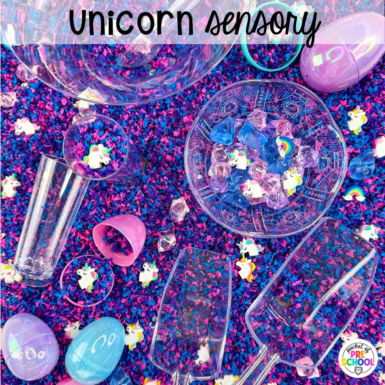 90 Sensory Table Ideas for the Year 37 Unicorn sensory! Sensory table ideas for the whole year! There are ideas for so many popular early childhood themes, food & nonfood filler ideas, and lots of props and treasures to use with preschool, pre-k, and kindergarten students!