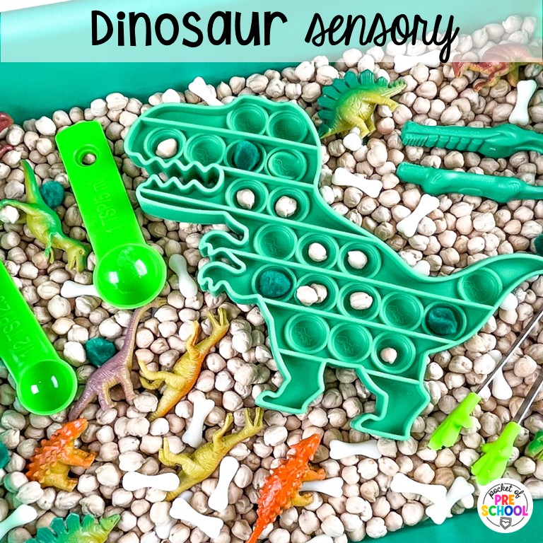 90 Sensory Table Ideas for the Year 42 Dinosaur sensory! Sensory table ideas for the whole year! There are ideas for so many popular early childhood themes, food & nonfood filler ideas, and lots of props and treasures to use with preschool, pre-k, and kindergarten students!