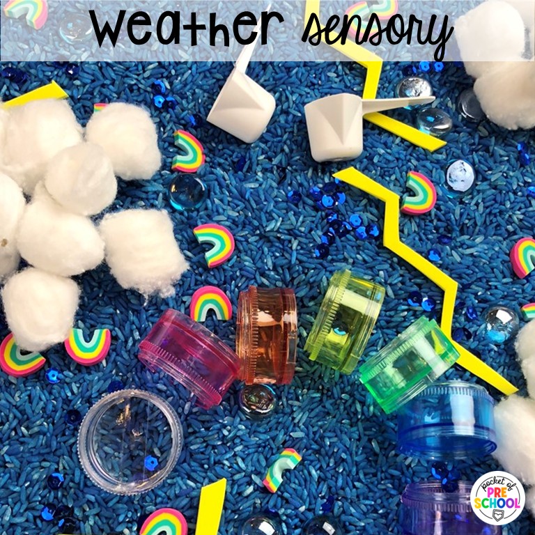90 Sensory Table Ideas for the Year 43 Weather sensory! Sensory table ideas for the whole year! There are ideas for so many popular early childhood themes, food & nonfood filler ideas, and lots of props and treasures to use with preschool, pre-k, and kindergarten students!