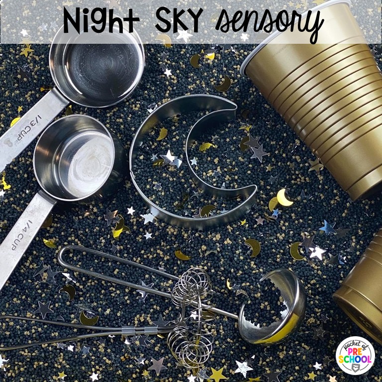 90 Sensory Table Ideas for the Year 44 Night sky sensory! Sensory table ideas for the whole year! There are ideas for so many popular early childhood themes, food & nonfood filler ideas, and lots of props and treasures to use with preschool, pre-k, and kindergarten students!