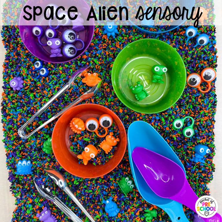 90 Sensory Table Ideas for the Year 47 Space alien sensory! Sensory table ideas for the whole year! There are ideas for so many popular early childhood themes, food & nonfood filler ideas, and lots of props and treasures to use with preschool, pre-k, and kindergarten students!