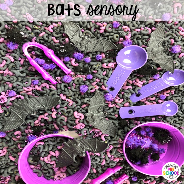 90 Sensory Table Ideas for the Year 48 Bats sensory! Sensory table ideas for the whole year! There are ideas for so many popular early childhood themes, food & nonfood filler ideas, and lots of props and treasures to use with preschool, pre-k, and kindergarten students!