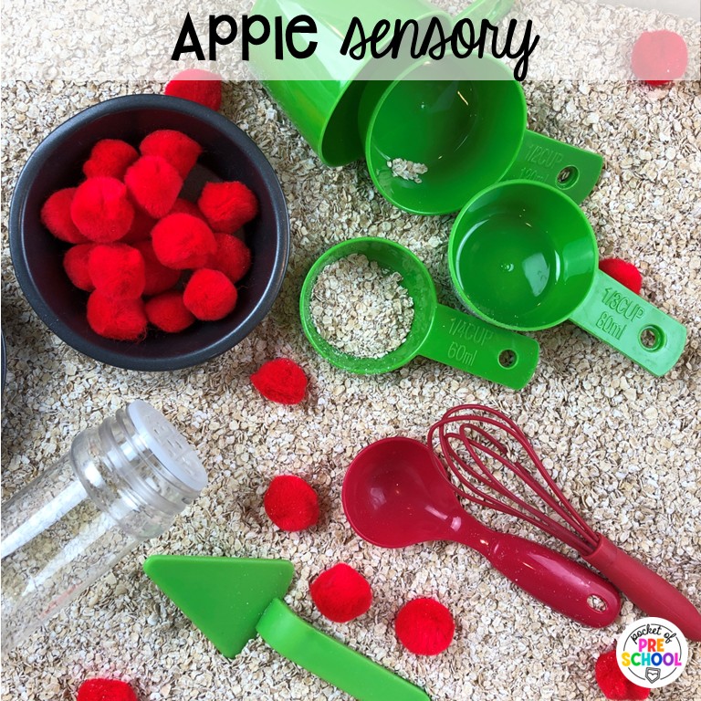 90 Sensory Table Ideas for the Year 52 Apple sensory! Sensory table ideas for the whole year! There are ideas for so many popular early childhood themes, food & nonfood filler ideas, and lots of props and treasures to use with preschool, pre-k, and kindergarten students!