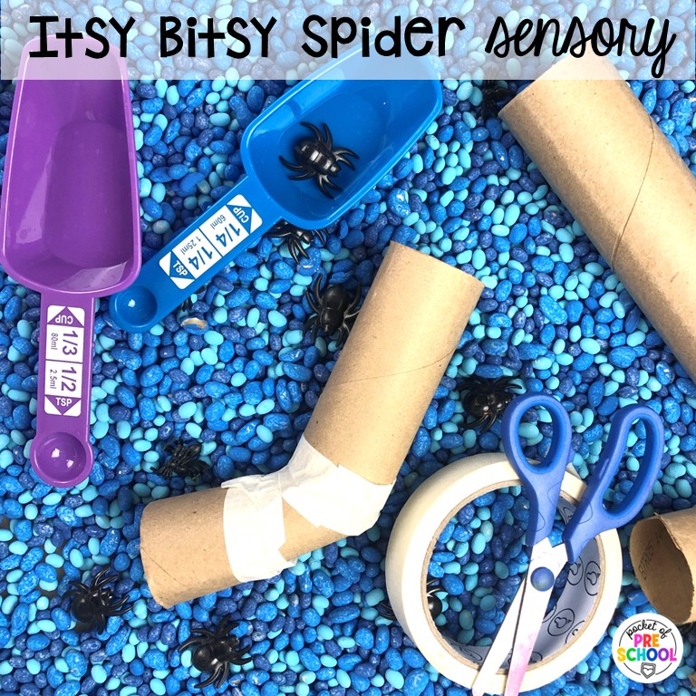 90 Sensory Table Ideas for the Year 62 Itsy Bitsy Spider sensory! Sensory table ideas for the whole year! There are ideas for so many popular early childhood themes, food & nonfood filler ideas, and lots of props and treasures to use with preschool, pre-k, and kindergarten students!