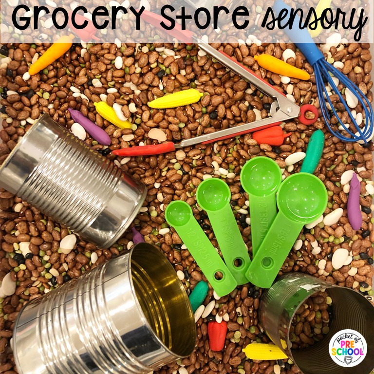 90 Sensory Table Ideas for the Year 66 Grocery store sensory! Sensory table ideas for the whole year! There are ideas for so many popular early childhood themes, food & nonfood filler ideas, and lots of props and treasures to use with preschool, pre-k, and kindergarten students!