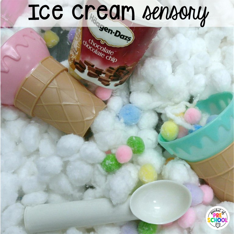 90 Sensory Table Ideas for the Year 67 Ice cream sensory! Sensory table ideas for the whole year! There are ideas for so many popular early childhood themes, food & nonfood filler ideas, and lots of props and treasures to use with preschool, pre-k, and kindergarten students!