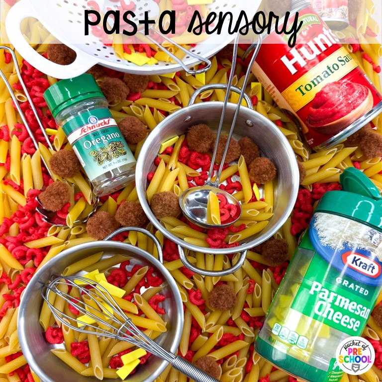 90 Sensory Table Ideas for the Year 69 Pasta sensory! Sensory table ideas for the whole year! There are ideas for so many popular early childhood themes, food & nonfood filler ideas, and lots of props and treasures to use with preschool, pre-k, and kindergarten students!