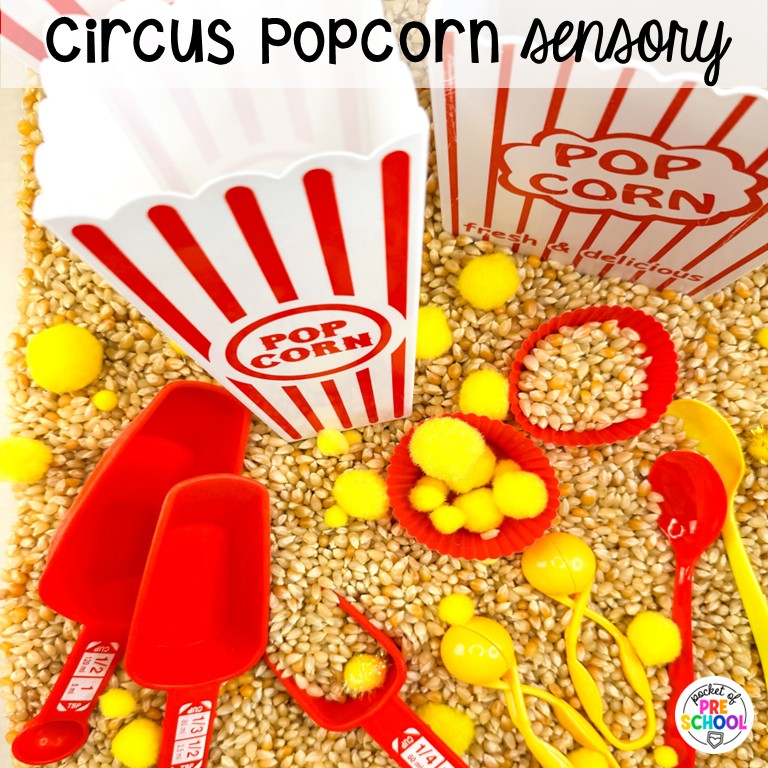90 Sensory Table Ideas for the Year 70 Circus popcorn sensory! Sensory table ideas for the whole year! There are ideas for so many popular early childhood themes, food & nonfood filler ideas, and lots of props and treasures to use with preschool, pre-k, and kindergarten students!