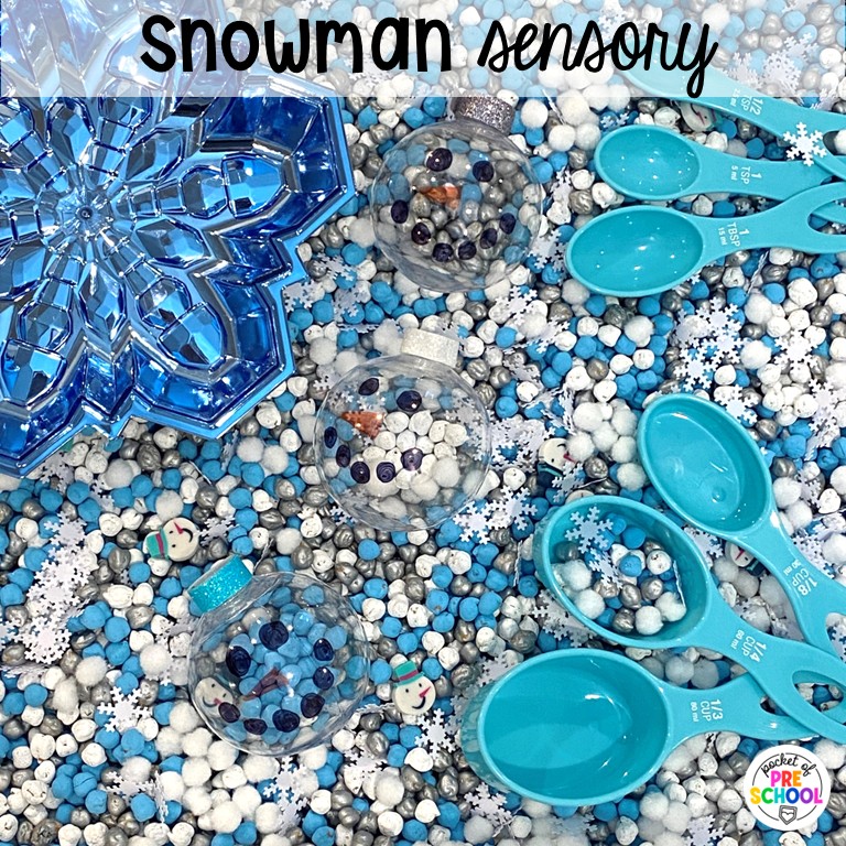 90 Sensory Table Ideas for the Year 81 Snowman sensory! Sensory table ideas for the whole year! There are ideas for so many popular early childhood themes, food & nonfood filler ideas, and lots of props and treasures to use with preschool, pre-k, and kindergarten students!