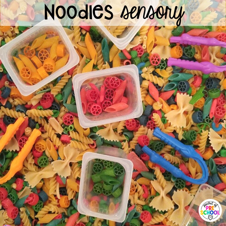90 Sensory Table Ideas for the Year 84 Noodles sensory! Sensory table ideas for the whole year! There are ideas for so many popular early childhood themes, food & nonfood filler ideas, and lots of props and treasures to use with preschool, pre-k, and kindergarten students!