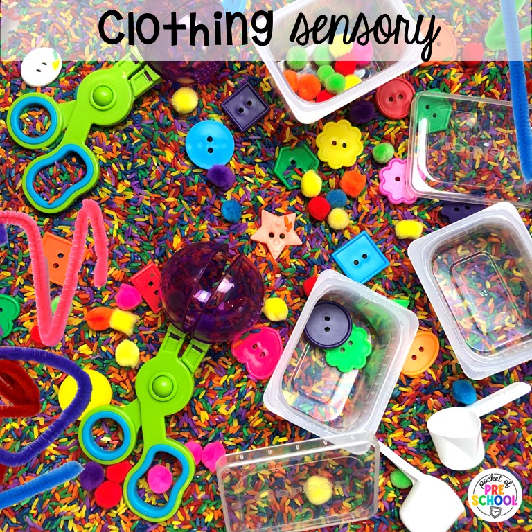 90 Sensory Table Ideas for the Year 86 Clothing sensory! Sensory table ideas for the whole year! There are ideas for so many popular early childhood themes, food & nonfood filler ideas, and lots of props and treasures to use with preschool, pre-k, and kindergarten students!