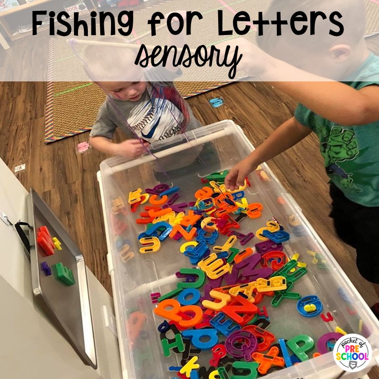 90 Sensory Table Ideas for the Year 87 Fishing for letters sensory! Sensory table ideas for the whole year! There are ideas for so many popular early childhood themes, food & nonfood filler ideas, and lots of props and treasures to use with preschool, pre-k, and kindergarten students!