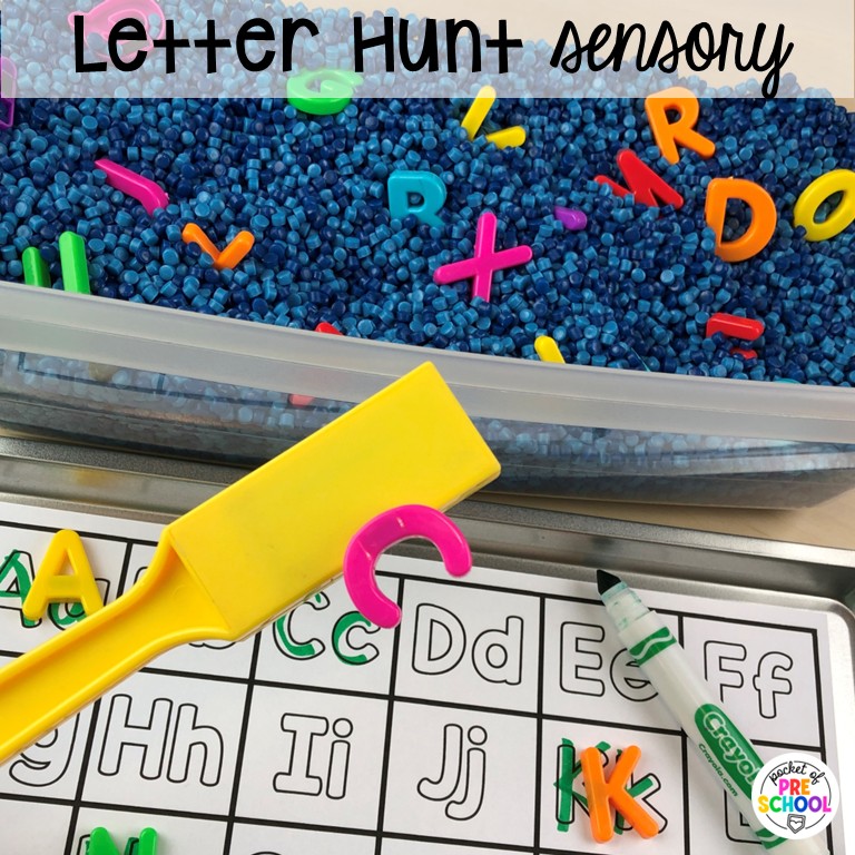 90 Sensory Table Ideas for the Year 88 Letter hunt sensory! Sensory table ideas for the whole year! There are ideas for so many popular early childhood themes, food & nonfood filler ideas, and lots of props and treasures to use with preschool, pre-k, and kindergarten students!