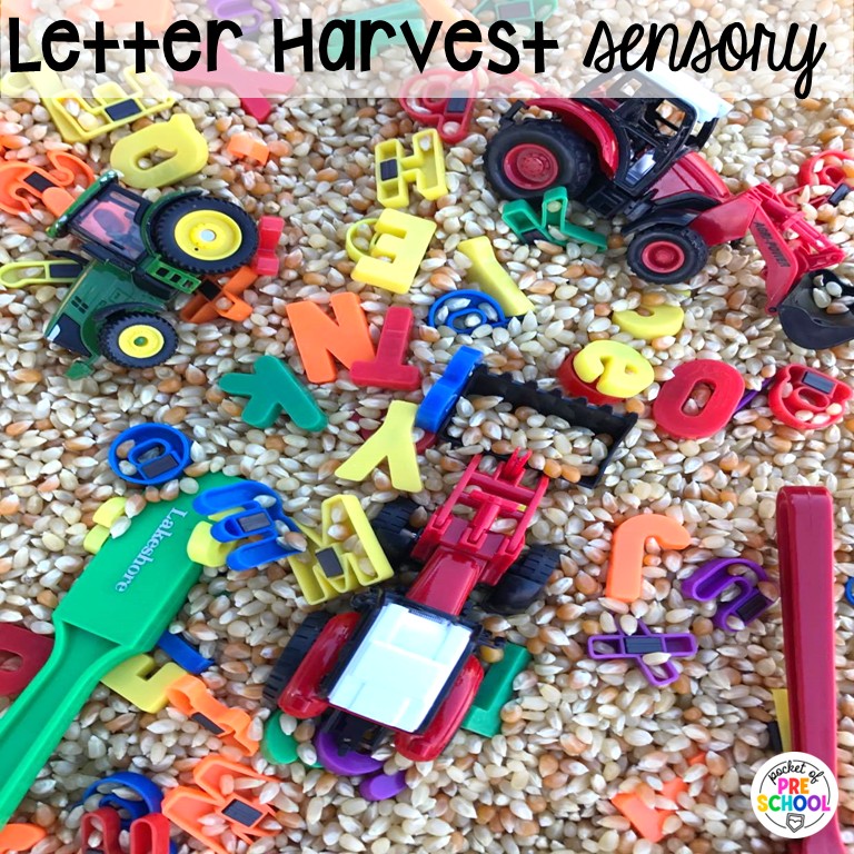 90 Sensory Table Ideas for the Year 32 Letter harvest sensory! Sensory table ideas for the whole year! There are ideas for so many popular early childhood themes, food & nonfood filler ideas, and lots of props and treasures to use with preschool, pre-k, and kindergarten students!